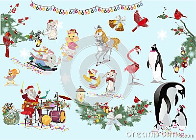 Christmas set of cute animals and birds in winter hats. Vector Illustration